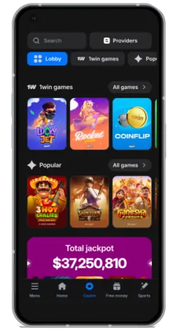 Screenshot of the casino page in the 1win mobile app in India